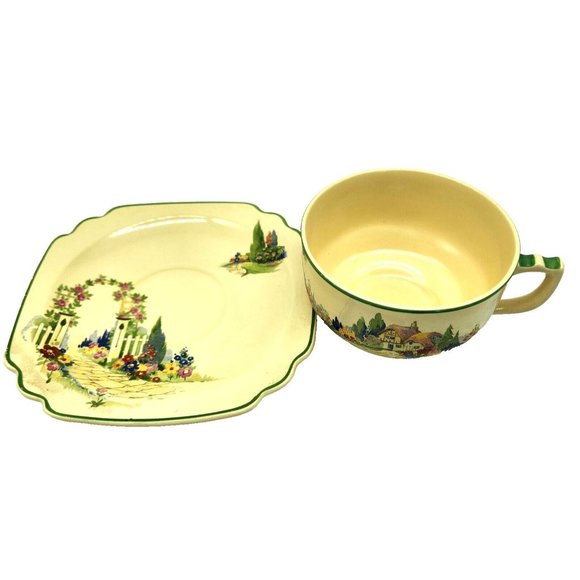 Vintage 1930s Homer Laughlin English Garden Wells Tea Cup & Saucer SET ART DECO - Picture 2 of 8